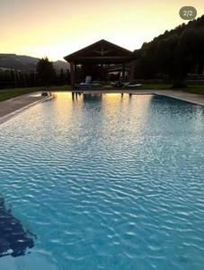 a large blue swimming pool with a gazebo at Il casolare in Borgia