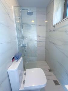 a white bathroom with a shower and a toilet at Paleokastro Villas with Private Heated Pool, Top Views - Next To Center - Top WiFi in Kissamos