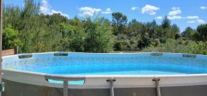 a large hot tub in a yard with trees at Studio clim 4-5 pers animaux, mai oct spa et piscine in Saint-Ambroix