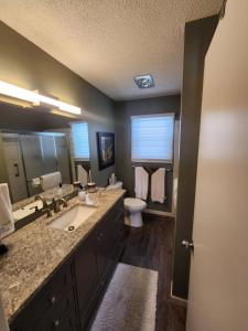 a bathroom with a sink and a toilet and a mirror at NEW Sunset Cottage - Lake Lida in Pelican Rapids