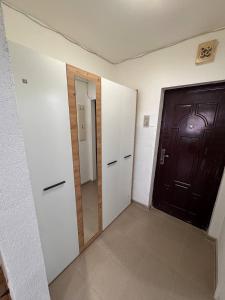 a hallway with a black door and a mirror at Hunyadi Nest in Hunedoara +8 photos