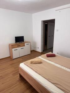 a room with two beds and a television in it at Hunyadi Nest in Hunedoara