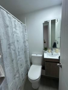 a bathroom with a toilet and a sink and a shower curtain at Moderno Departamento Viña del Mar in Viña del Mar +6 photos