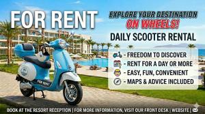 a flyer for a scooter parked next to a pool at Soly Apartments in Hurghada