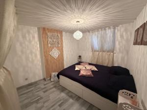 a bedroom with a black bed with a ceiling at Appartement in Roubaix