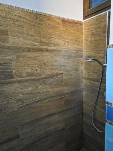 a bathroom with a wooden wall at Holiday House Herculaneum in Ercolano