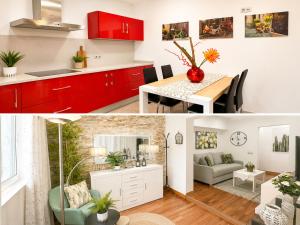a kitchen and a living room with red cabinets at Las casitas de Zamorano in La Esperanza +11 photos