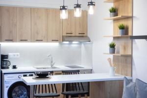 a kitchen with wooden cabinets and a sink and a dishwasher at Skyview Suites in Lefkada