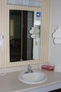 bagno con lavandino, specchio e asciugamani di Viking Jr. Motel a Saint Peter