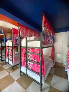 a group of bunk beds in a room at Mekong Backpackers in Pakbeng
