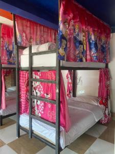 a bedroom with two bunk beds with disney princess decorations at Mekong Backpackers in Pakbeng