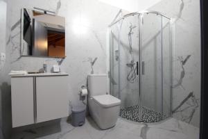 a bathroom with a shower and a toilet and a sink at Luxury Pigeons Cave Suites in Ksamil +101 photos