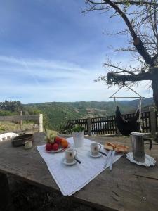 a picnic table with a plate of fruit on it at Mirar&Soñar in Chantada