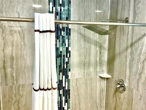 a shower with a glass shower curtain in a bathroom at A Fisher's Inn Motel in Las Vegas +54 photos