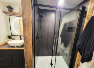 a shower with a glass door in a bathroom at Chalet Relaxant sur Lac Forêt in Saint Zenon +13 photos