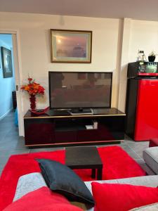 a living room with a large flat screen tv at MOWA Art House Apartment in Huonville
