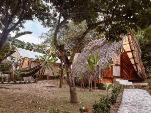 a hammock in front of a house with a tree at Glamping Kunna Tayrona in El Zaino