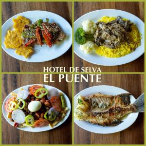 a collage of four pictures of food on plates at Hotel de selva EL PUENTE in Villa Tunari +17 photos