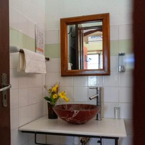 a bathroom with a bowl sink and a mirror at Hotel de selva EL PUENTE in Villa Tunari