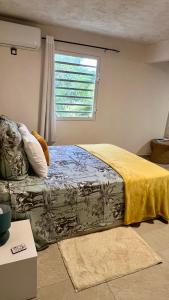 a bedroom with a bed with a yellow blanket and a window at Tree House in Saint Martin