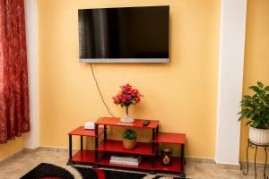 a living room with a red table and a television on a wall at Scenic 3 Bedroom Apartment And Car Rentals in Canefield