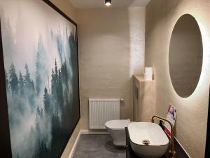 a bathroom with a toilet and a large painting on the wall at Very large apartment with private sauna in Stężyca +25 photos