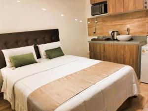 a bedroom with a large bed and a kitchen at Hotel Soul Mate Inn in Lima