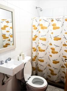 a bathroom with a toilet and a shower curtain at Apart Casa de Piedra in San Luis