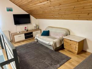 a living room with a couch and a flat screen tv at Johanna Balatoni Ház in Balatonfenyves
