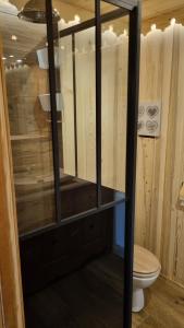 a bathroom with a toilet and a glass door at Le montagnard in Lullin +11 photos