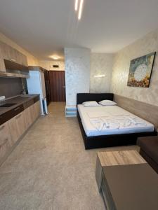 a small room with a bed and a kitchen at Lozenetz Beach Apartments in Lozenets