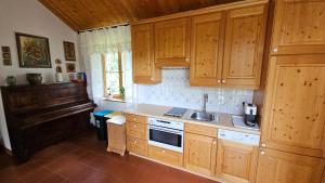 a kitchen with wooden cabinets and a sink and a stove at Gartenidylle Melk in Melk