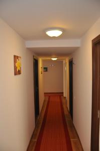 an empty hallway with a red rug on the floor at Pensiunea La Ionica in Dâmbovicioara