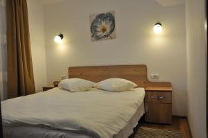 - une chambre avec un lit et 2 oreillers dans l'établissement Pensiunea La Ionica, à Dîmbovicioara