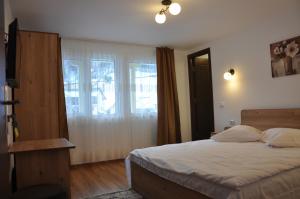 - une chambre avec un lit et une grande fenêtre dans l'établissement Pensiunea La Ionica, à Dîmbovicioara