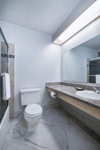 a bathroom with a toilet and a sink and a mirror at Hotel International in Lynnwood