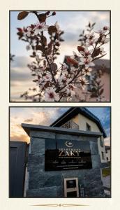 a collage of two pictures of a building and a tree with flowers at Apartmány Zaky in Vrbov +28 photos