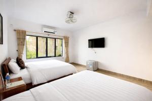 a bedroom with two beds and a tv and a window at Thao Nguyen Homestay in Phong Nha