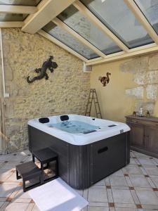 a hot tub in a room with a lizard on the wall at domaine grangieras in Château-lʼÉvêque