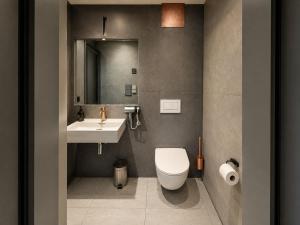 a bathroom with a toilet and a sink and a mirror at NOX HOTEL - Digital-Check-In - No Reception - nahe Bretten & Karlsruhe - 1 Grey in Wössingen