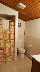 a bathroom with a toilet and a shower curtain at Atlantic Motel in Point Pleasant Beach
