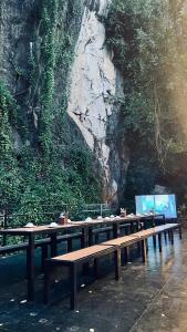 a row of wooden benches in front of a mountain at Thao Nguyen Homestay in Phong Nha