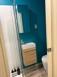 a blue bathroom with a sink and a toilet at Ke's home in Wellington
