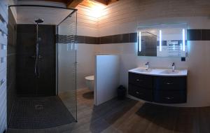 a bathroom with a shower and a sink and a toilet at Domaine du Mont Monnet - Chambre d'hôtes & Gîte in Longes +83 photos