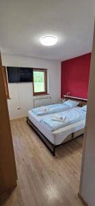 a bedroom with a bed and a red wall at Apartment Pepca in Čezsoča
