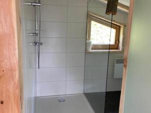 a bathroom with a shower with a toilet and a window at Chalet in Zillertal near Hochzillertal Ski Area in Zellberg