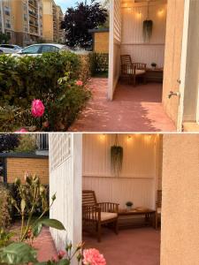 two pictures of a patio with benches and flowers at Liberty Deluxe Apartment Cosmopolis in Creţuleasca
