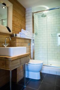 ein Bad mit einem Waschbecken, einem WC und einer Dusche in der Unterkunft The Globe in Warwick