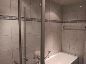 a bathroom with a shower and a bath tub at Hunsrücktraum in Mittelstrimmig
