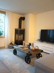 ein Wohnzimmer mit einem Kamin und einem Couchtisch in der Unterkunft Ferienhaus Grüner Heinrich in Andermatt
